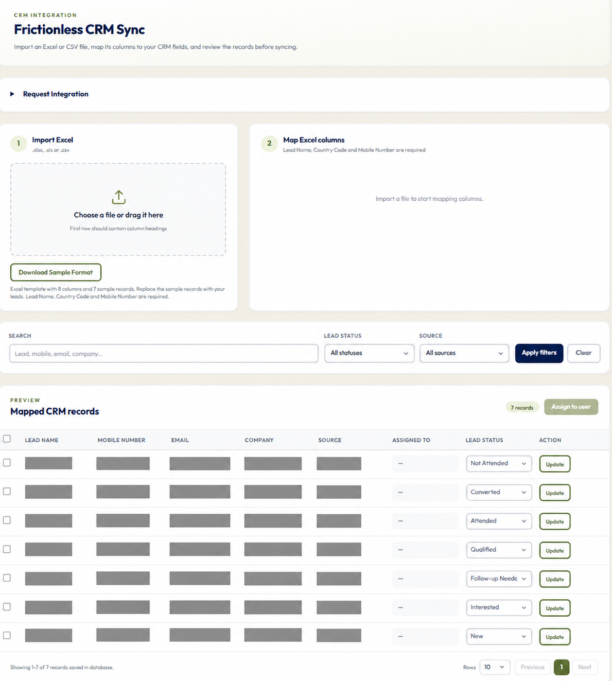 CRM import screen with file upload, column mapping and record preview