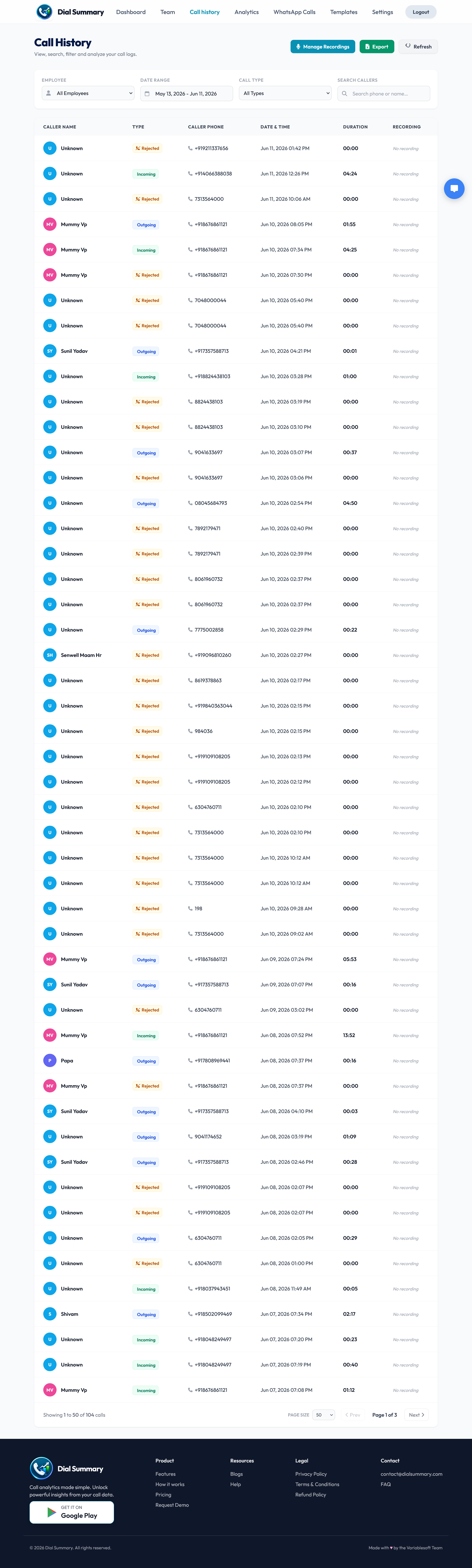 Horizontal Call History Screenshot (Call History)