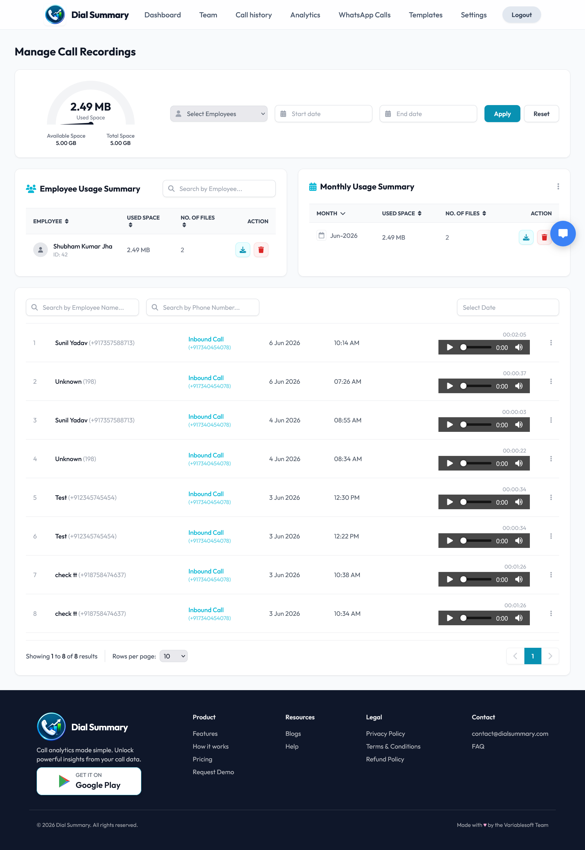 Vertical Call Recordings Screenshot (Call Recordings)