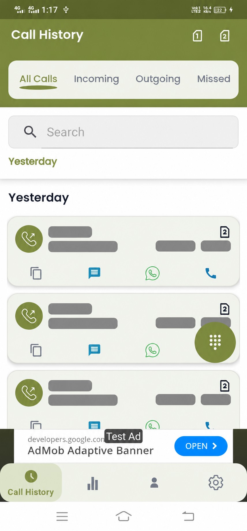 Personal call history with search and call-type filters