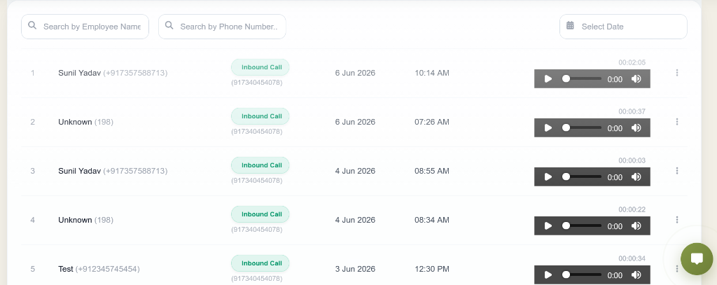 Call Logs and Audio Playback List
