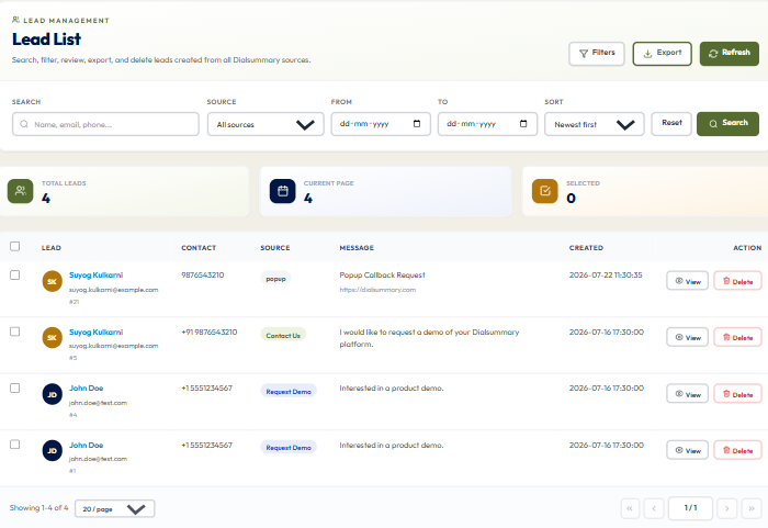 DialSummary Automated Lead Tracking Interface