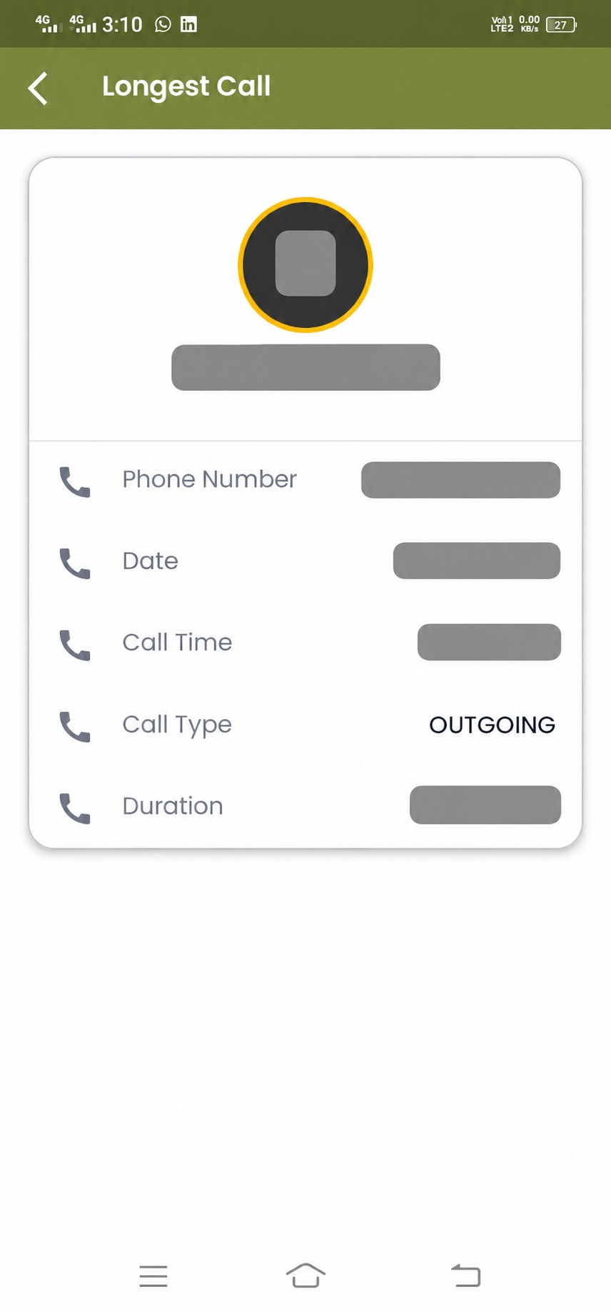 Longest personal call with date and duration