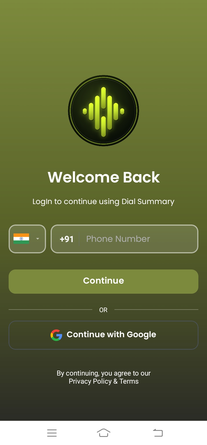 DialSummary App - Login Screen